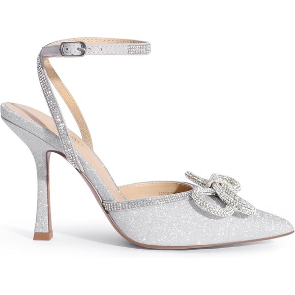 🆕 Women Silver Ankle Strap Sparkly Bow Shine Star Wrap-Around High-Heel Pumps - Picture 4 of 8